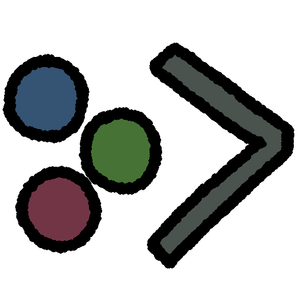 3 circles are arranged in a triangle formation next to a greater than symbol. The greater than symbol is grey. The top circle is blue, the middle green, and the bottom is magenta.
